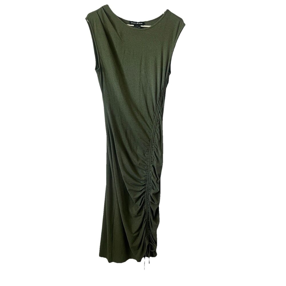 DKNY Green Side Ruched Stretch Midi Minimalist Bodycon Y2K Casual Dress Size M